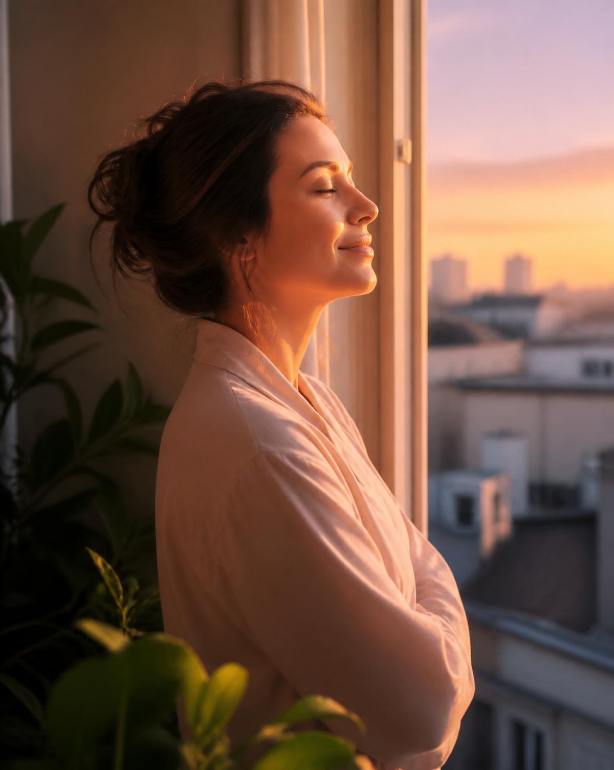 A woman at an open window at sunrise, breathing in