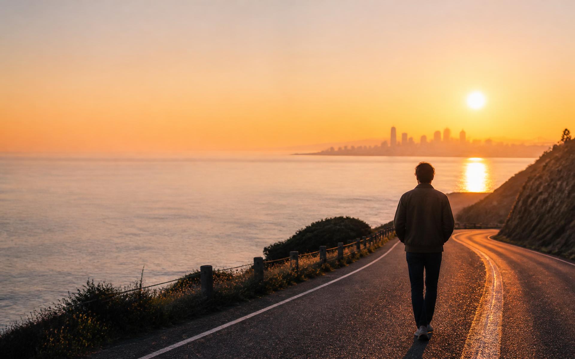 A person walking a coastal road toward a sunrise skyline — the morning after the last spin